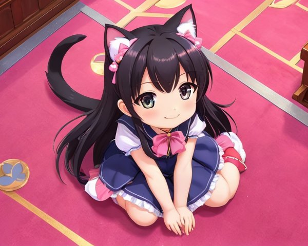 Anime girl with cat ears on a pink floor