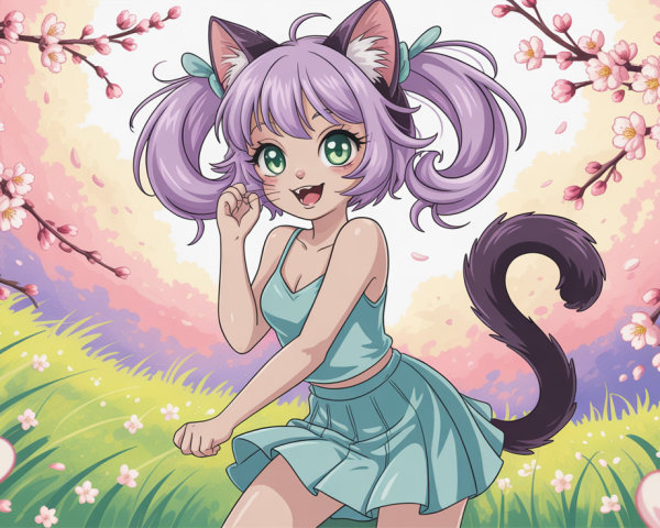 Playful anime cat girl in pastel spring scenery