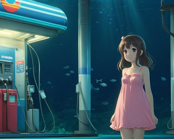 Underwater Scene with Girl and Gas Station Elements