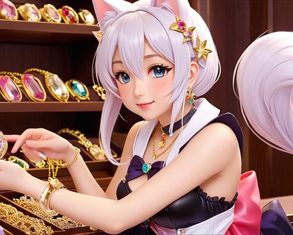 Anime Character with Cat Ears and Jewelry Display