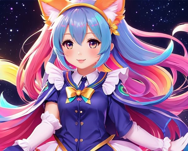 Anime Character with Colorful Hair in Starry Background