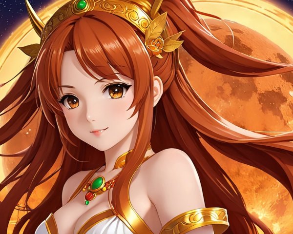 Auburn-haired character in elegant white dress with moon