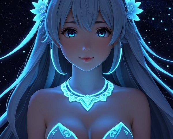 Character with Glowing Blue Hair in Starry Background