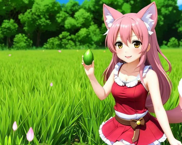 Cheerful anime character in a vibrant green field
