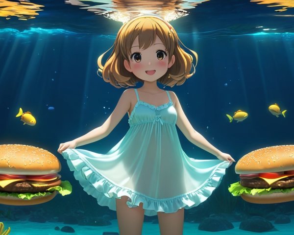 Cheerful girl underwater with hamburgers in vibrant scene
