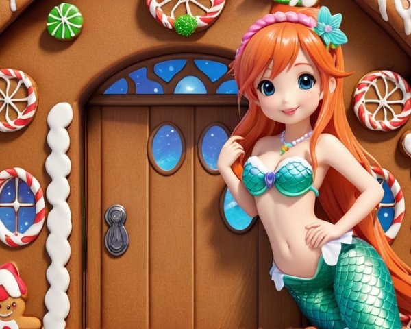 Cheerful Mermaid by Gingerbread House in Winter Scene