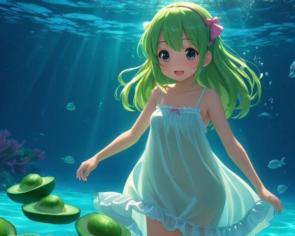 Underwater Scene with Girl and Floating Avocados