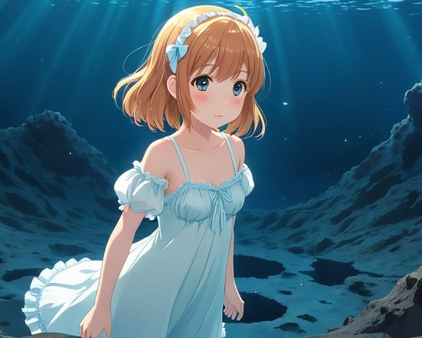 Young girl in pale blue dress underwater with bubbles