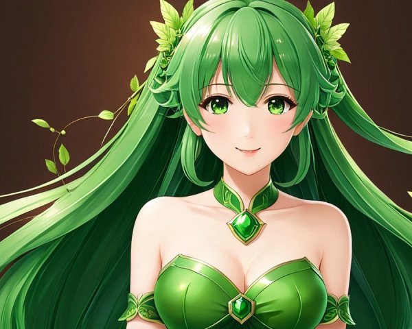 Vibrant character with green hair and enchanting attire