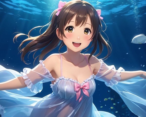 Cheerful girl underwater with fish and coral scene