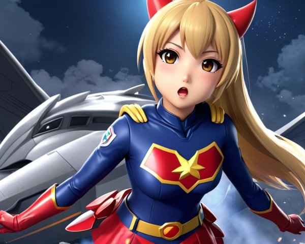 Anime Character in Vibrant Outfit with Aircraft Background