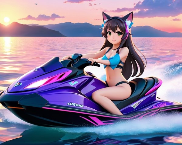 Animated girl with cat ears on purple jet ski at sunset