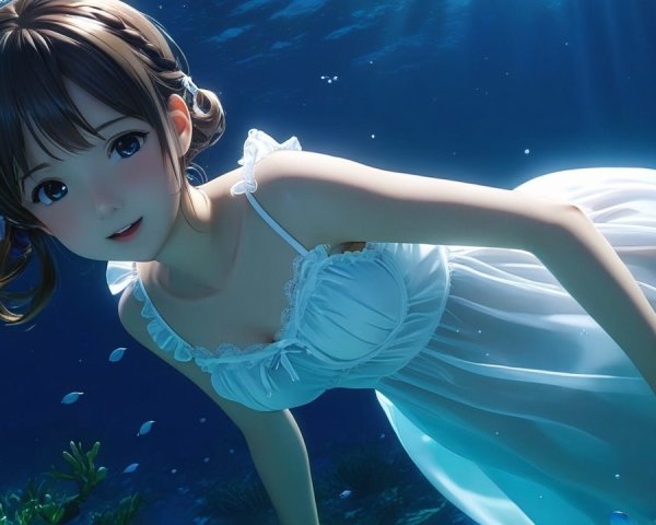 Young woman in white dress swimming underwater with fish