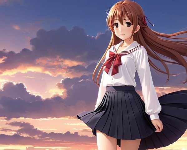Young Girl in School Uniform at Vibrant Sunset