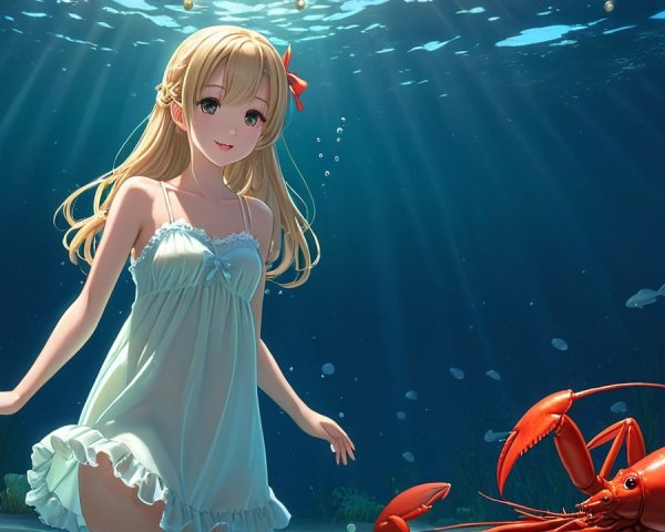Young girl in white dress surrounded by underwater life