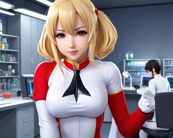 Stylized female character in modern lab setting