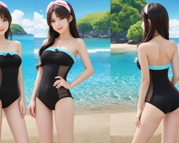 Young woman in black swimsuit on beach with scenery