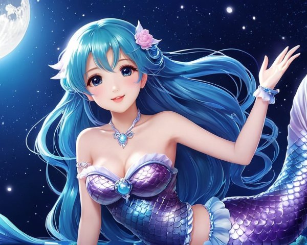 Animated Mermaid with Turquoise Hair and Moonlit Sky