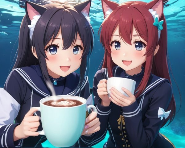 Cheerful anime girls with cat ears in underwater scene