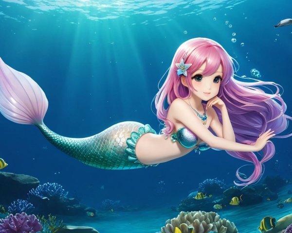 Underwater Scene with Mermaid and Colorful Coral