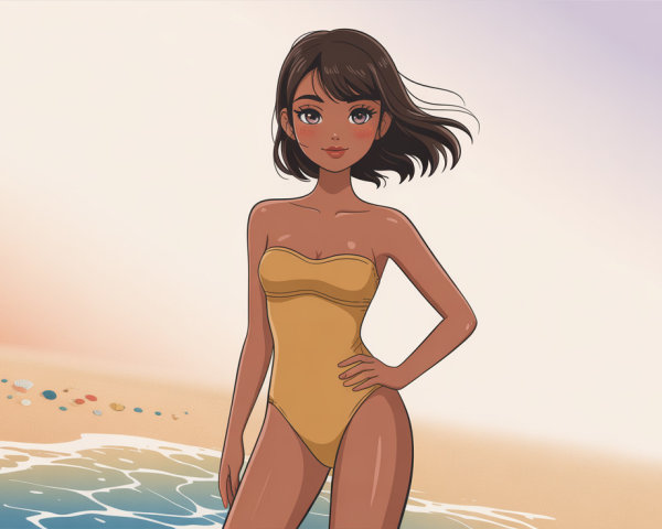 Anime Illustration of Woman in Yellow Swimsuit at Beach
