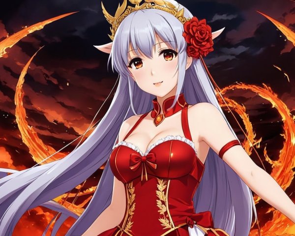 Fantastical Character in Red Gown with Silver Hair