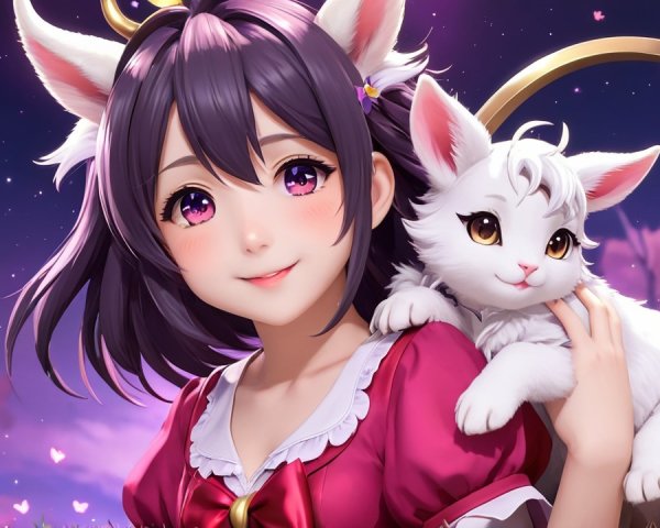 Cheerful girl with purple hair and cat ears in twilight