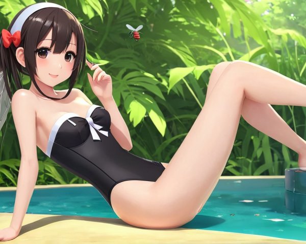 Stylized character by tranquil pool with greenery