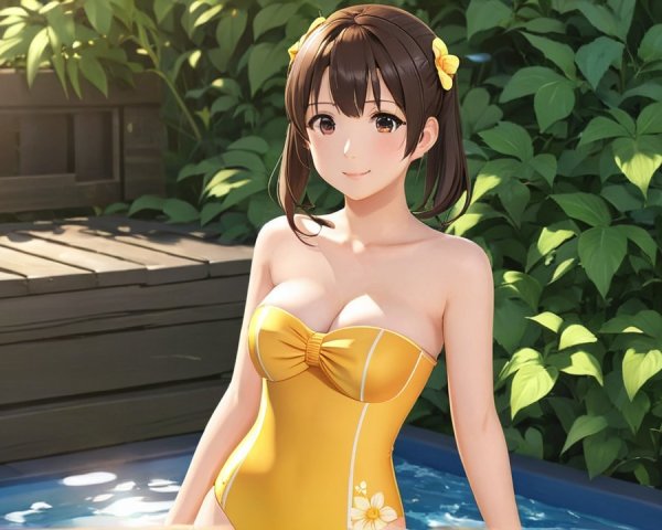 Cheerful girl in yellow swimsuit by a sunny pool