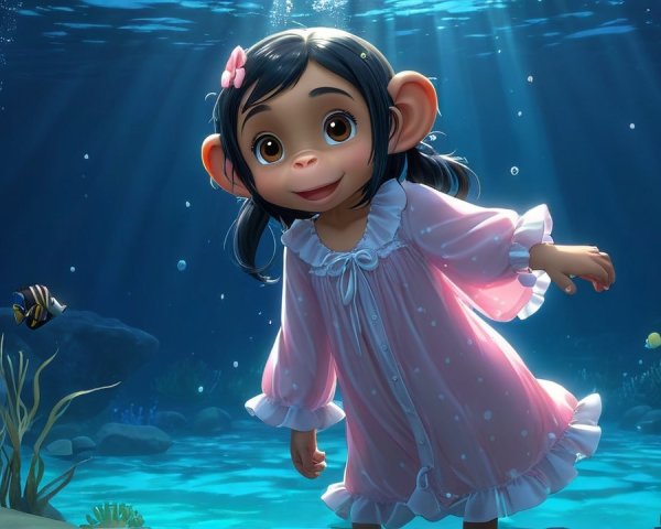 Cheerful Animated Girl Explores Underwater Scene