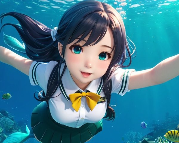 Vibrant Underwater Scene with Animated Girl and Fish