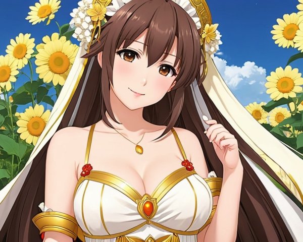 Young woman in sunflower field with elegant outfit