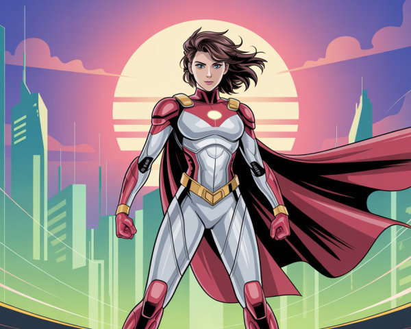Superheroine in Armored Suit Against Futuristic Skyline