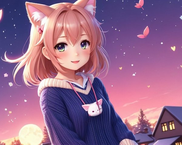 Cheerful girl with cat ears in serene twilight setting