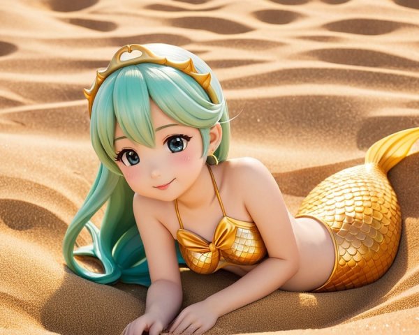 Mermaid Figure on Golden Sand with Aqua Hair