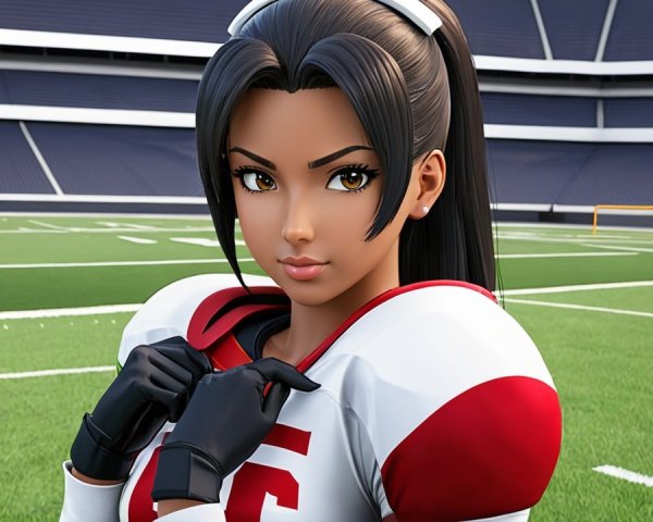 Female athlete in red and white jersey on football field