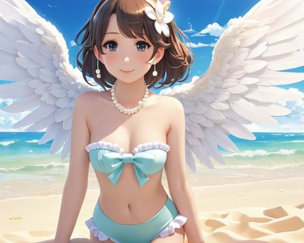 Young woman with angelic wings on sandy beach