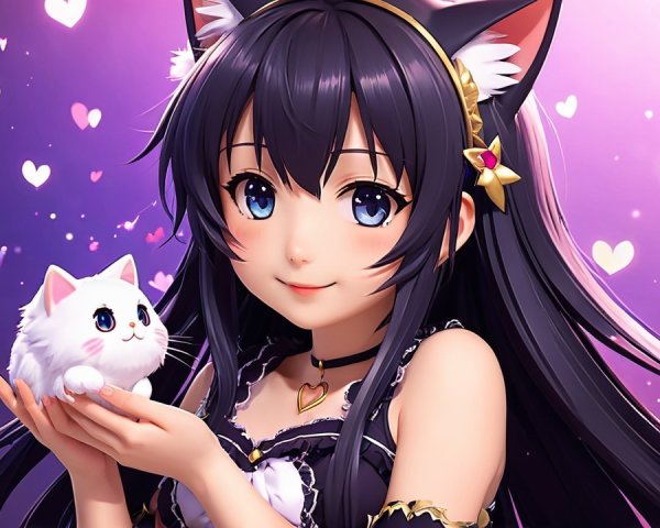 Young girl with cat ears and fluffy white kitten