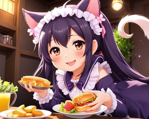 Cheerful character with cat ears enjoying a meal