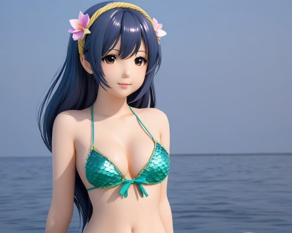 Anime Character in Teal Bikini by the Ocean