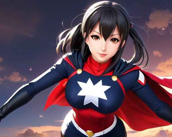 Confident Female Superhero in Blue and Red Suit