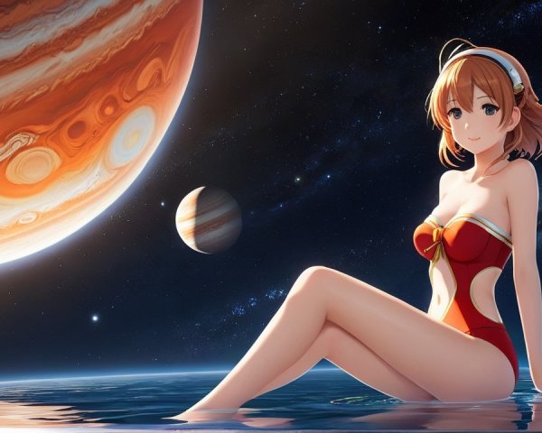 Character in Red Swimsuit in Cosmic Ocean Scene