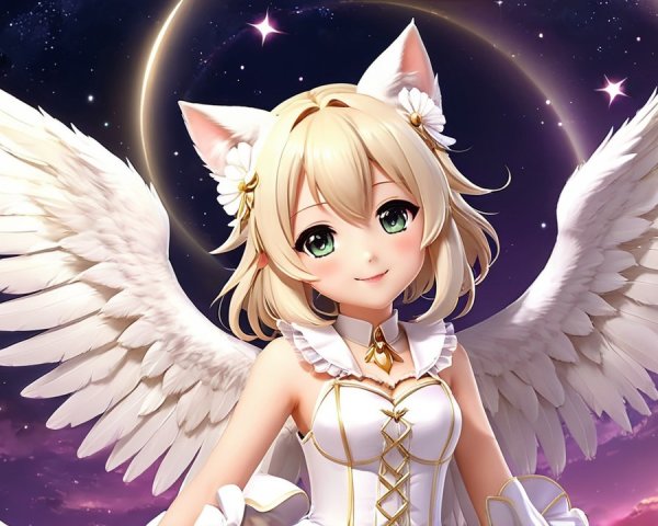 Ethereal Character with Cat Ears and White Wings