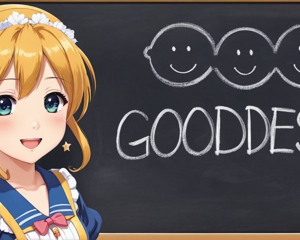 Cheerful anime girl by chalkboard with playful design
