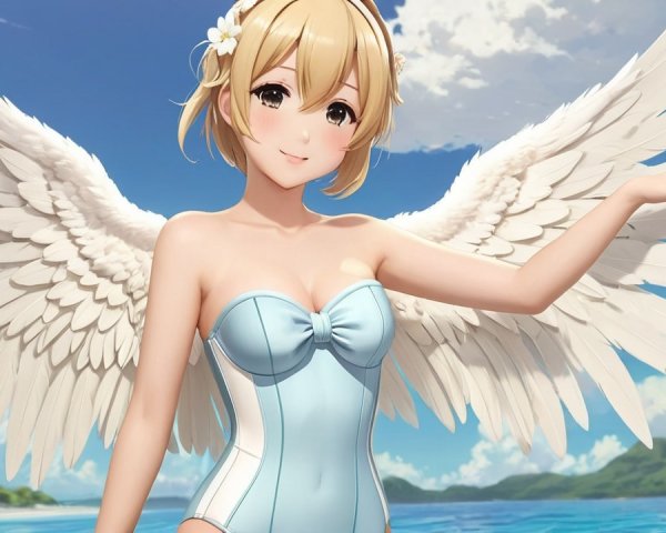 Character with Angelic Wings at Serene Beach Scene