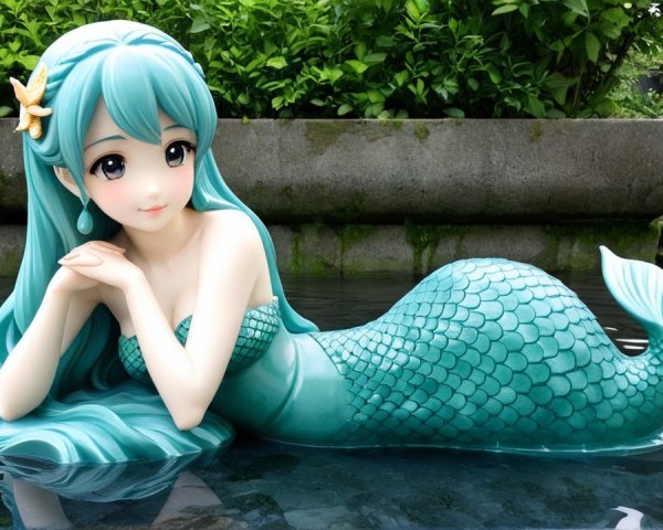 Mermaid Statue in Serene Water Setting with Greenery