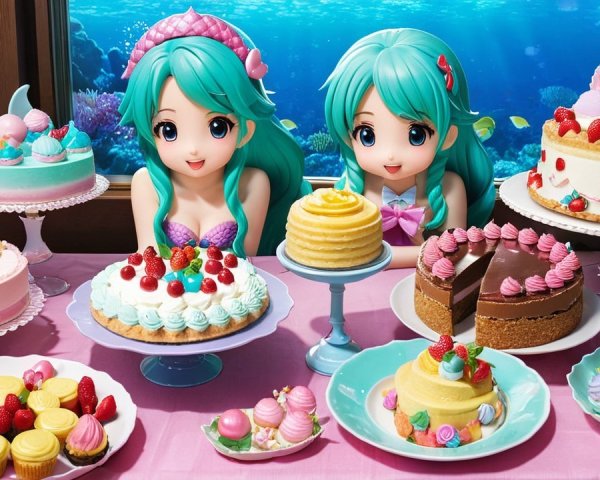 Animated Mermaids at a Colorful Dessert Table