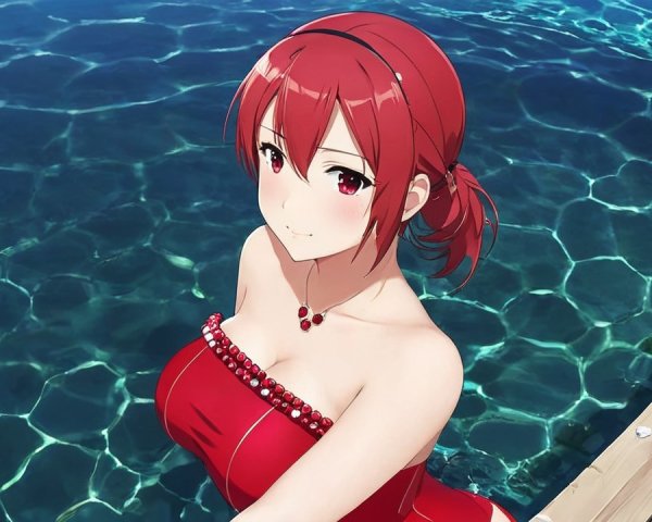 Young woman in red swimsuit by blue pool