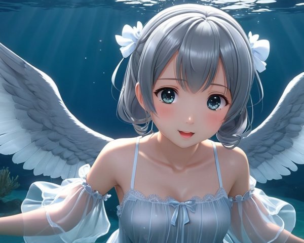 Ethereal figure with wings swimming underwater