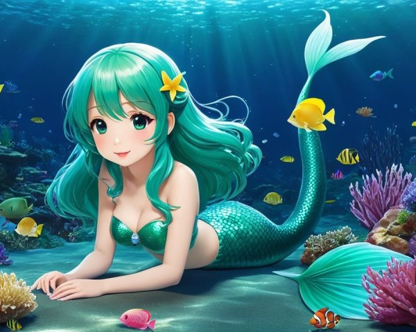 Vibrant Underwater Scene with Mermaid and Coral Reef